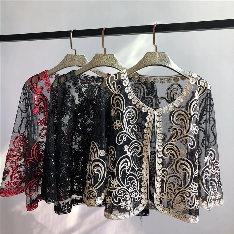 

Summer Handmade Crochet Lace Mesh Shrug Bolero Women O-neck Embroidery Cardigan Feminino Short Oversized Tops Women coat Shawl