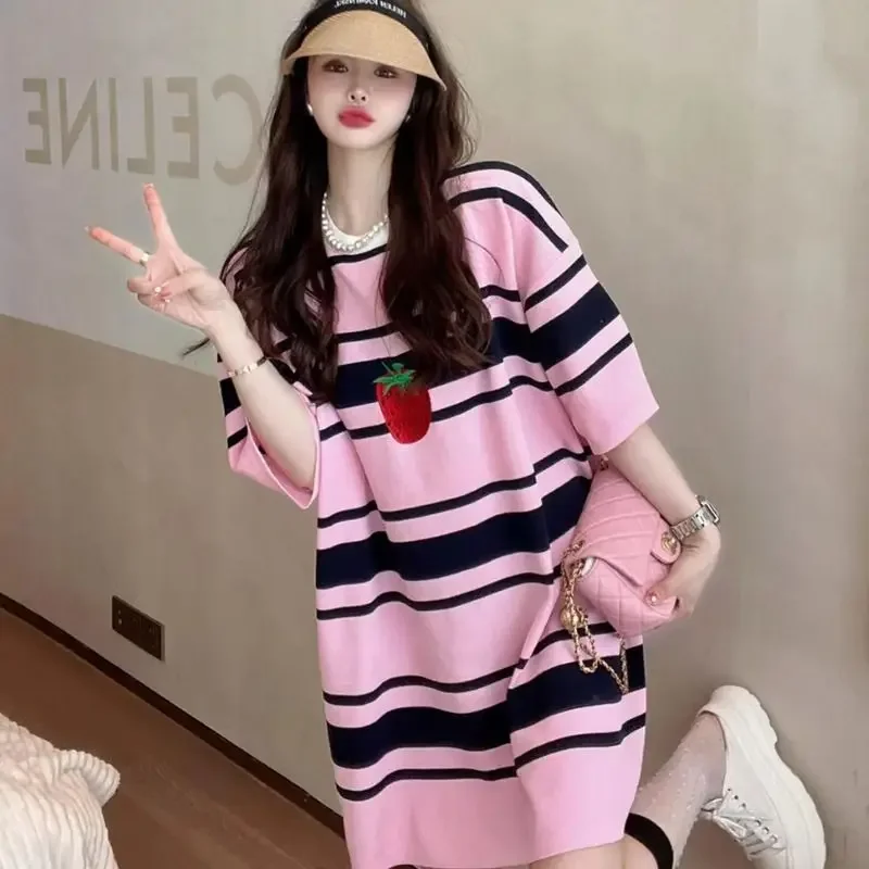 

Vintage Contrast Striped T Shirt Tops Summer Round Neck Short Sleeve Loose Printing Pullovers Trend Korean Fashion Women Clothes