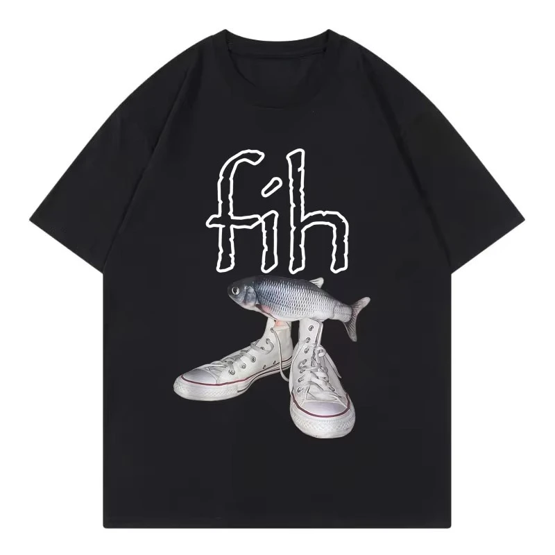 

Fashion Short Sleeve T-shirt Funny New Style Hot Sale Fih Shoes Graphic T Shirts Misspelled Fish Meme T-shirts Men Women Casual