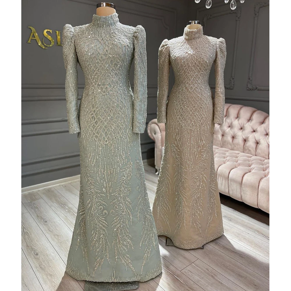 Elegant Muslim Mermaid Wedding Evening Dress for Women 2024 Long Sleeves with Detachable Train Beads Prom Party Gown Customized