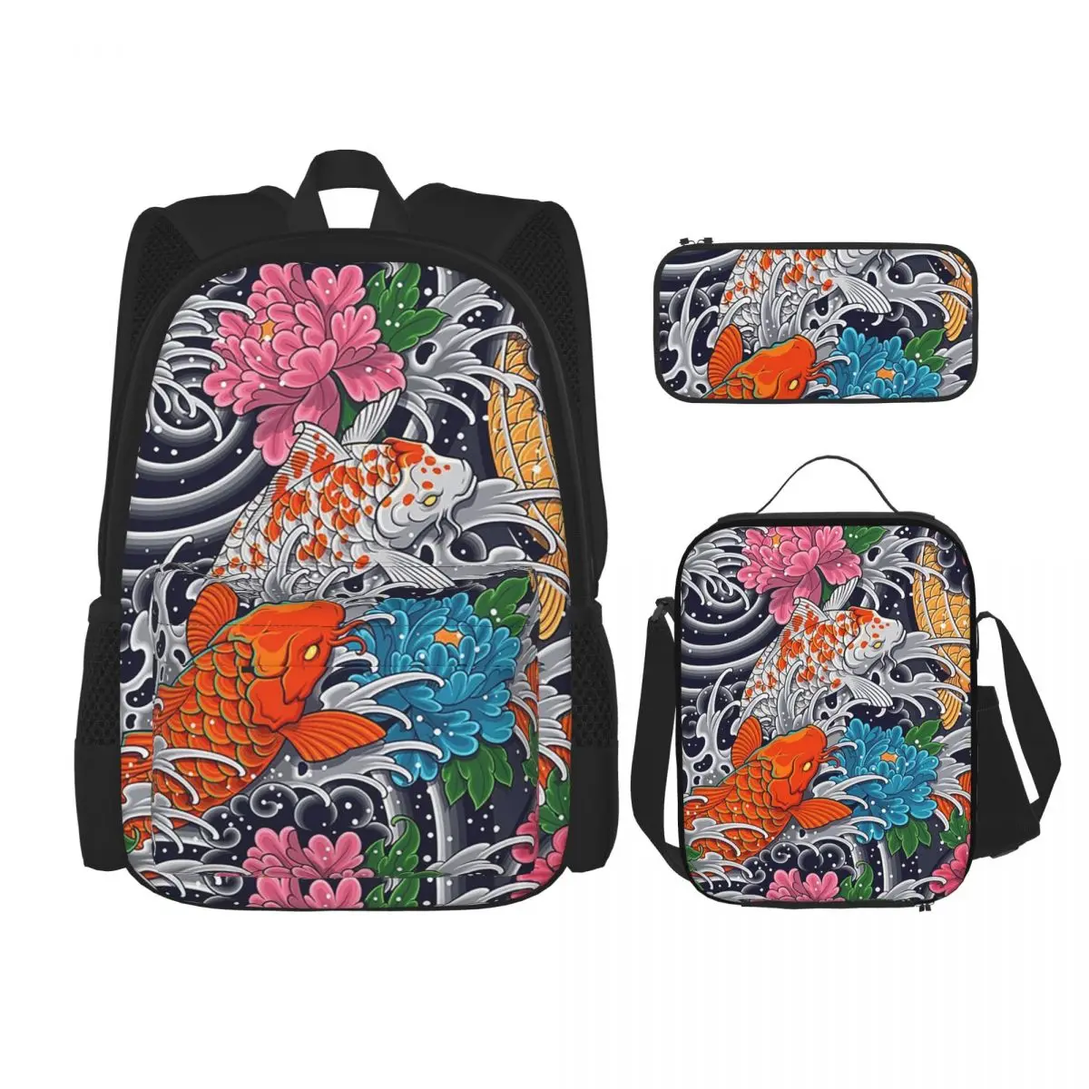 

Koi Fish And Floral Pattern Backpacks Students Bookbag School Bags Rucksack Lunch Bag Pen Bag Three-Piece Set