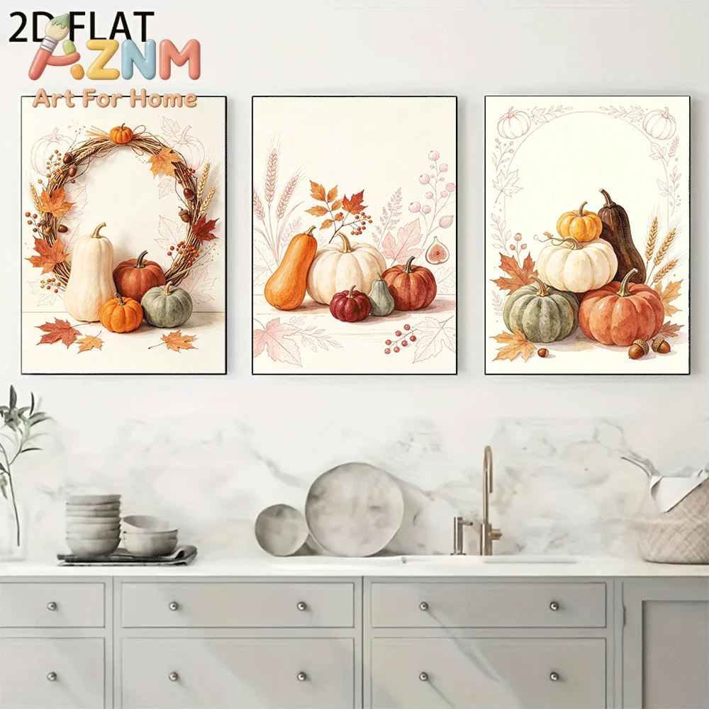 AZNM Frameless Canvas Wall Art, Watercolor Autumn Pumpkin Print, Maple Leaf Wheat Harvest Wreath Art Poster for Thanksgiving Liv