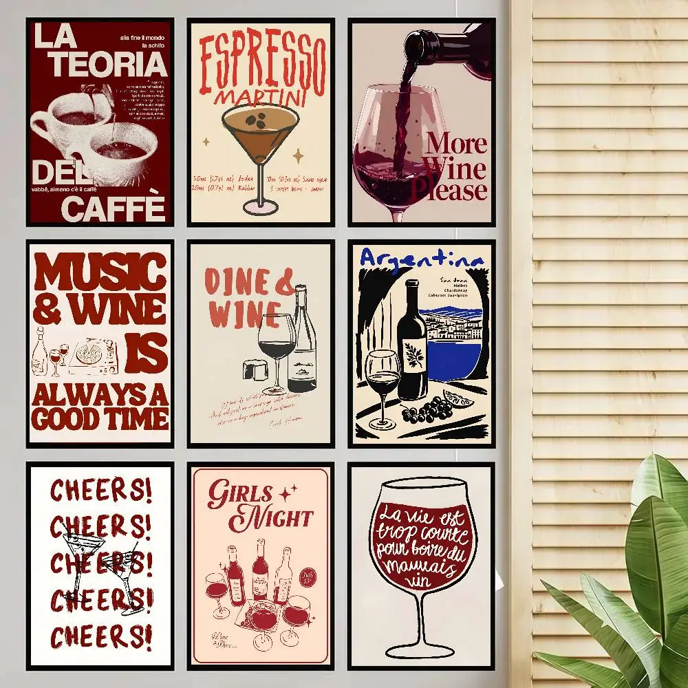 Trendy Coffee Cin Wine Cheers Retro Wine Print Poster Self-adhesive Art Room Entrance Restaurant Wall Decor Art Painting