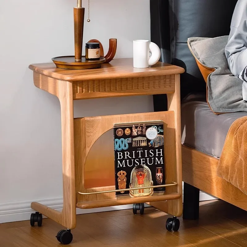 Cherry wood mobile small coffee table, bedside solid wood square table sweeping robot storage rack
