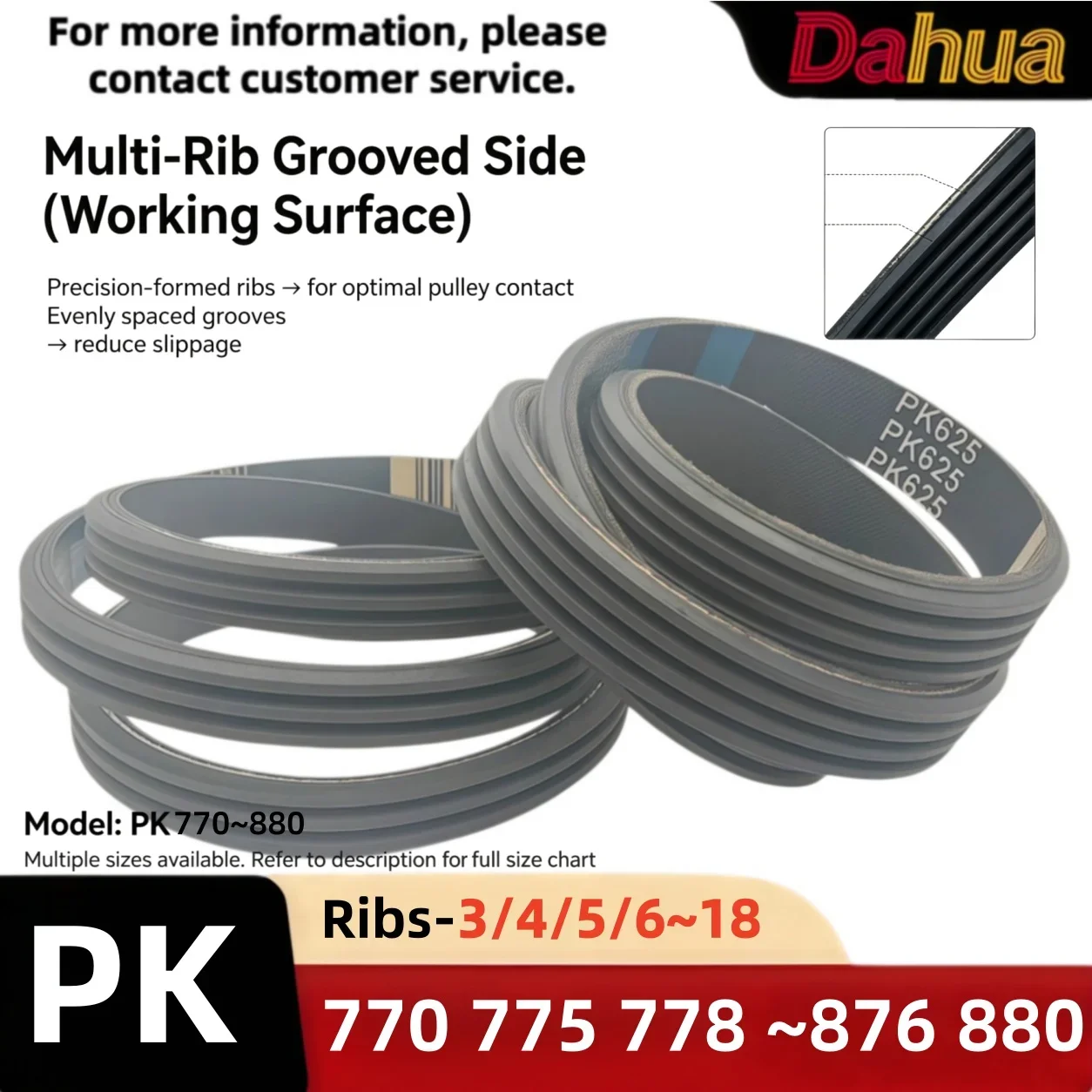 PK Multi-Rib Belt, Rubber Polyester, Heat & Wear Resistant, for Alternator, AC, Power Steering, Industrial Drive, PK770-PK880