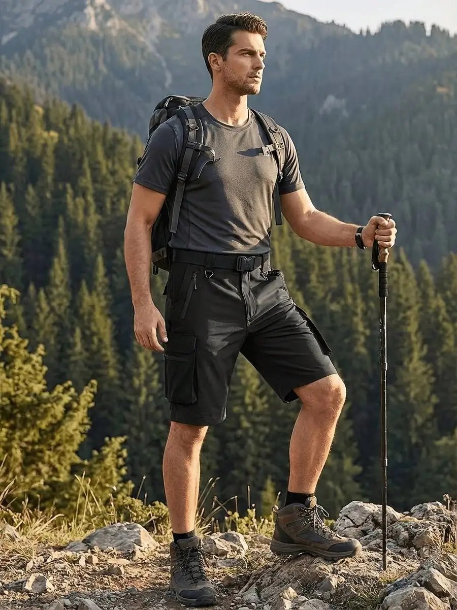 Mens Quick-Dry Tactical Cargo Shorts With Belt, Breathable Lightweight Design, Multiple Utility Pockets For Hiking And Outdoor