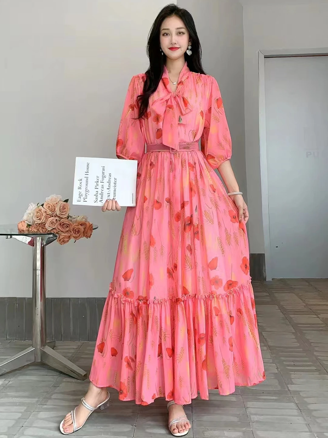 New Spring Summer Women Lace-up Bow Collar Half Sleeve Belt Slim Long Dress High Quality Sweet Big Hem Wheat Ear Floral Dress