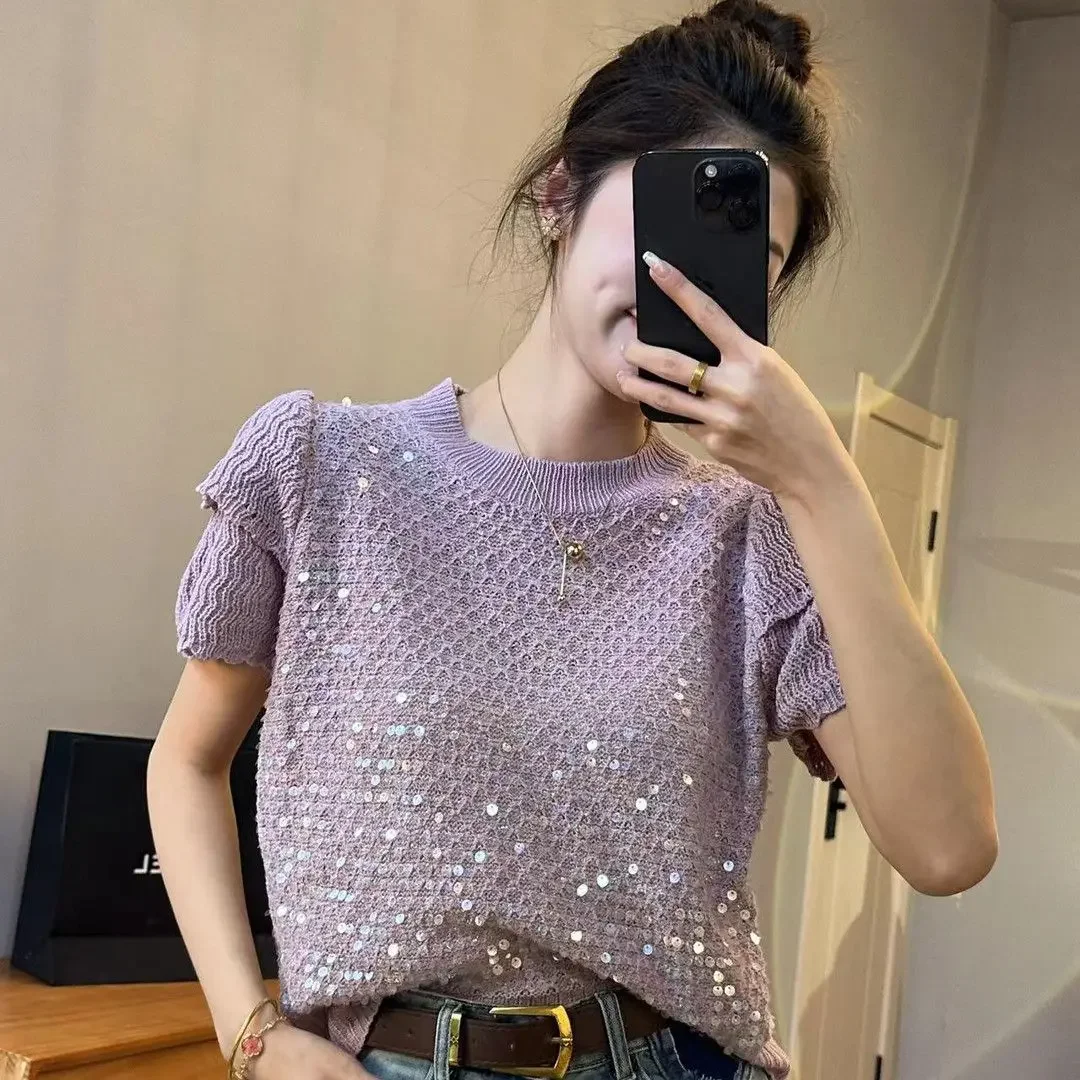 French style sequin round neck flower bud short sleeved knitted sweater for women\'s spring new gentle style loose top