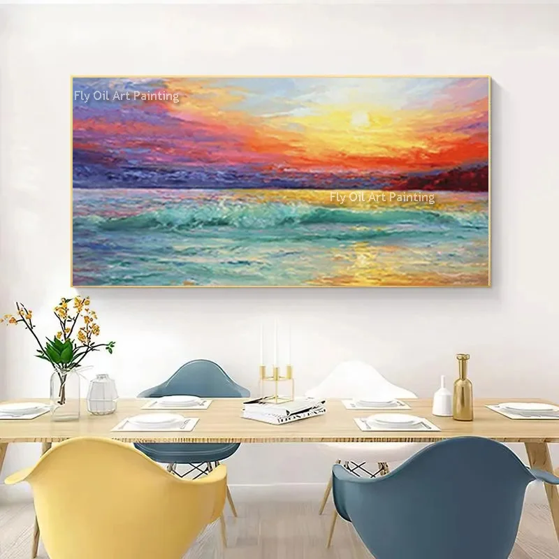 Modern Handmade Blue Sailing Boats On The Sea Canvas Artwork Decor For Living Room Beautiful Blue Red Sea Sunset Oil Painting