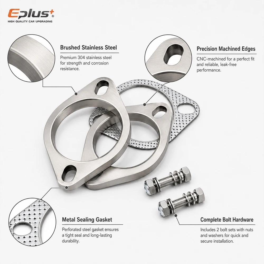 Eplus Komplettes 2-Loch 304 Edelstahl-Auspuffrohr-Flansch-Verbindungsset mit verstärkter Hochtemperaturdichtung für Auto- und Motorrad-Schalldämpfer – Detail 5