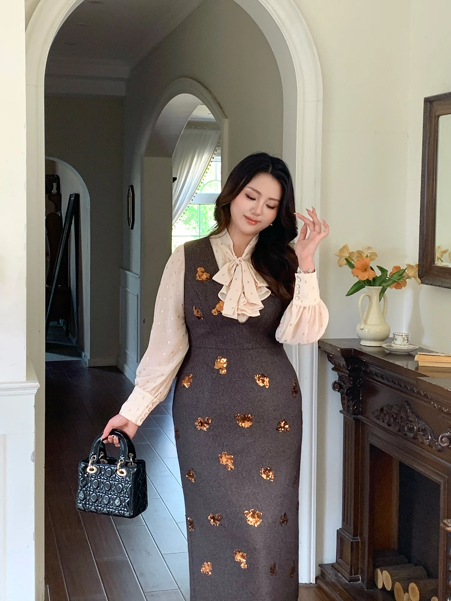 

Комплект GLEC Plus Size: Модный женский зимний наряд с юбкой миди с высокой талией и ретро-топом с длинными рукавами для офиса