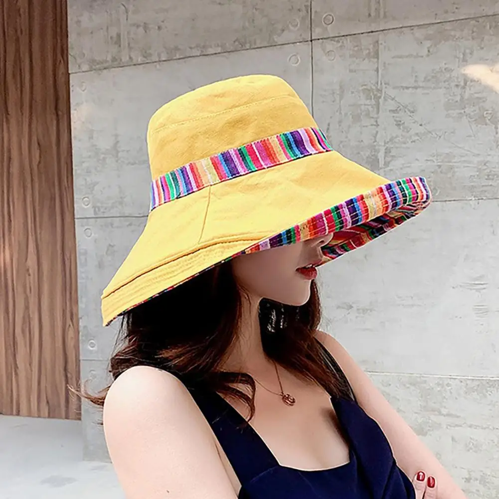 Women Bucket Hats Bohemian Color Patchwork Cotton Large Brim Sun Shade Sunblock Cap Fisherman Hat Outdoor Travel Beach Visor Cap