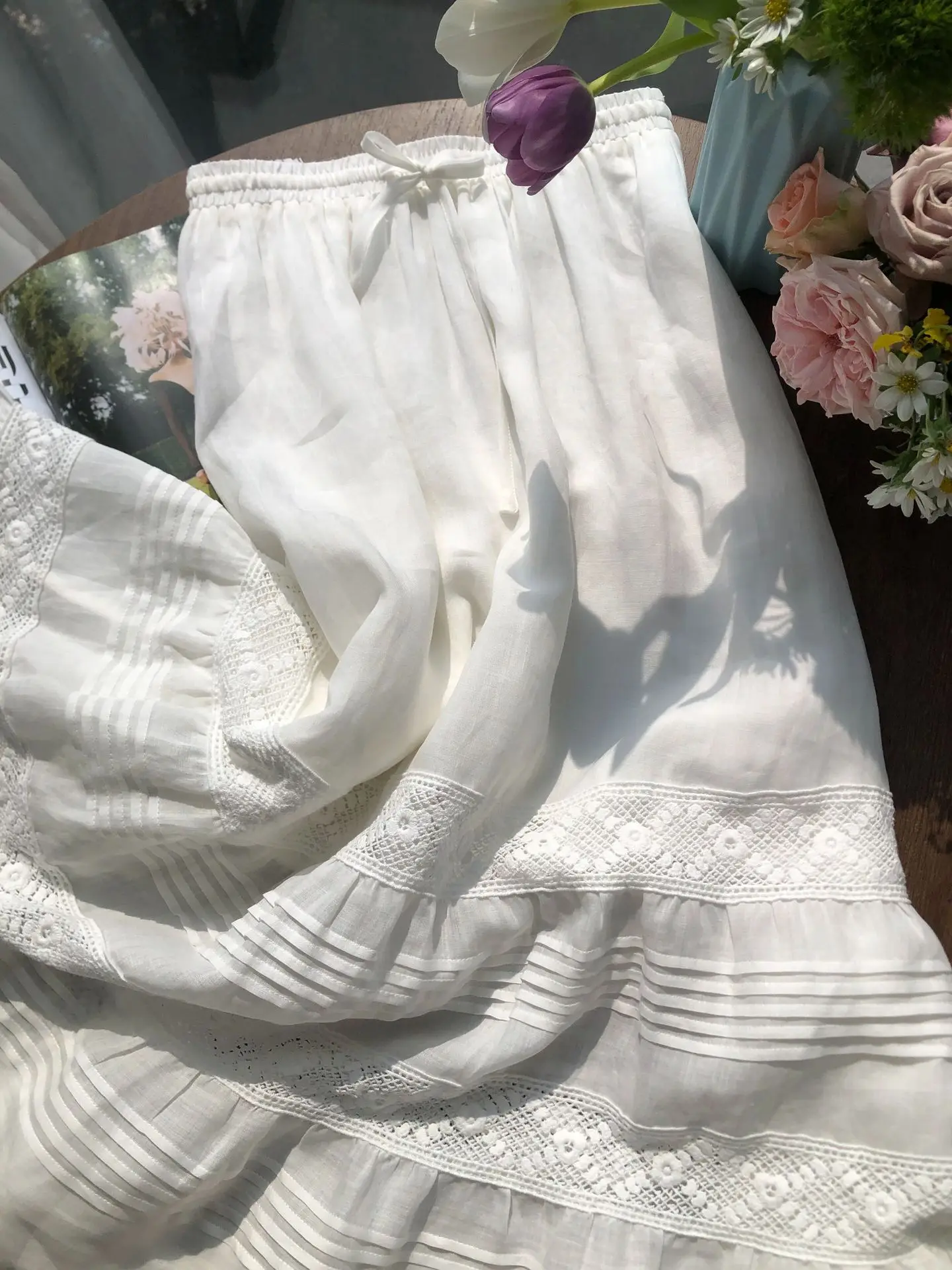 Women White Embroidered Waist Drawstring High Waisted Skirt