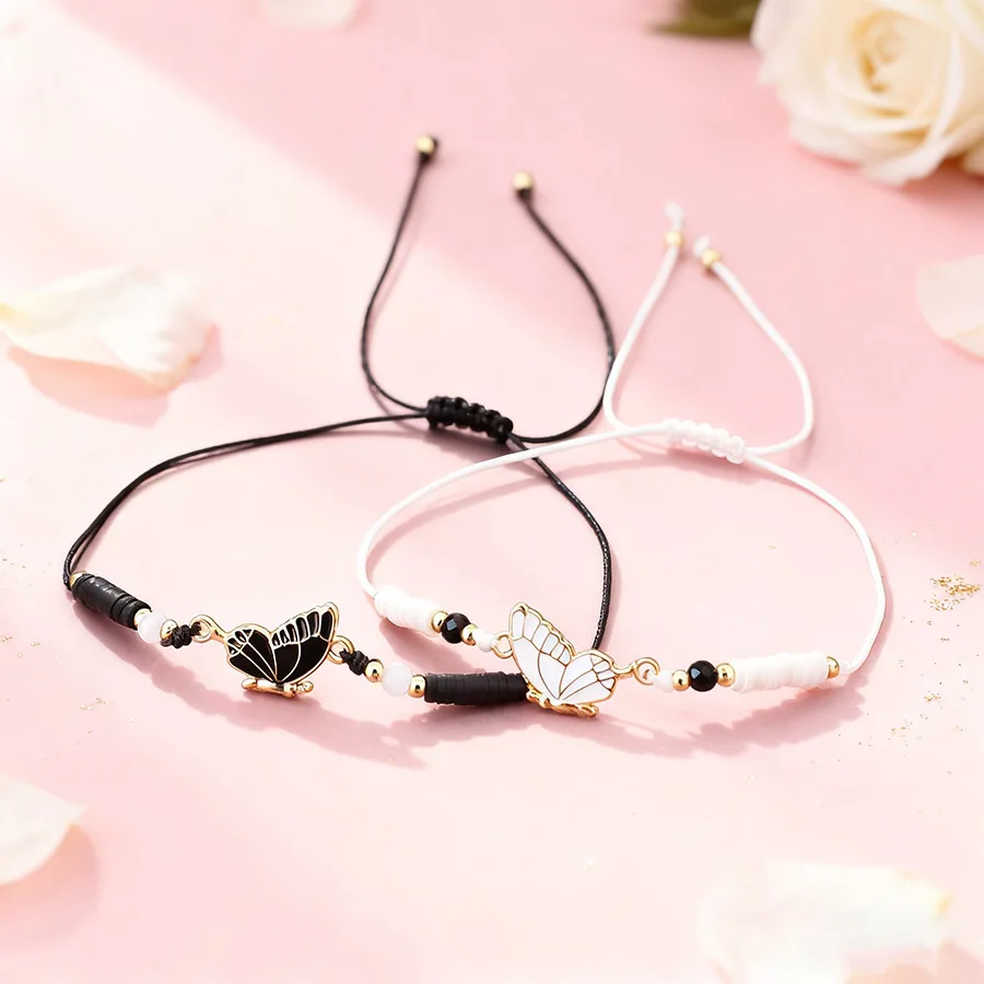 

Романтический 2 шт./пара браслет для пары с бабочками, аксессуары для одежды, черный, белый цвет, регулируемый тонкий браслет на шнурке, друзья, Джояс