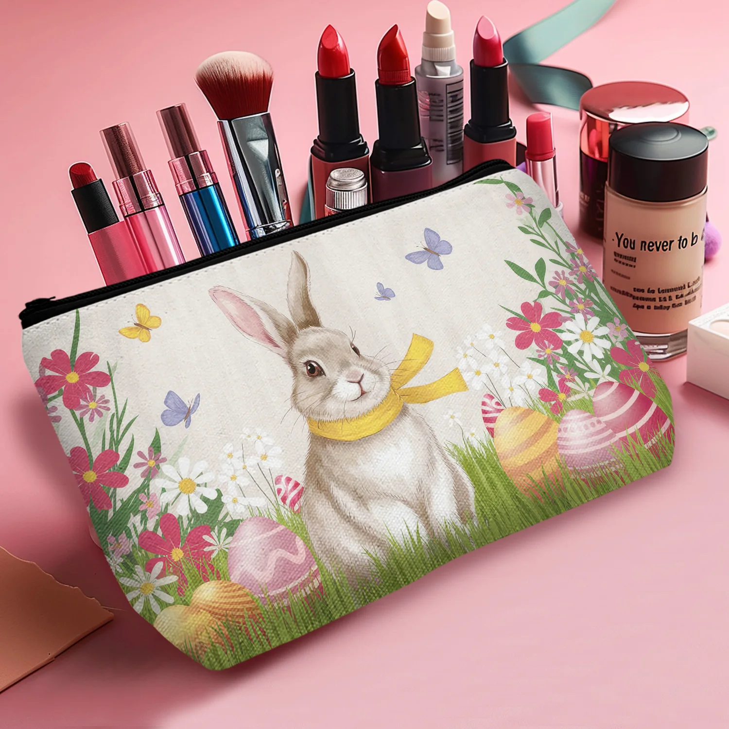 1Pc Easter Bunny Makeup Bag For Women Lightweight Foldable Cosmetic Organizer With Zipper Closure Perfect Travel 8.66X5.51Inch