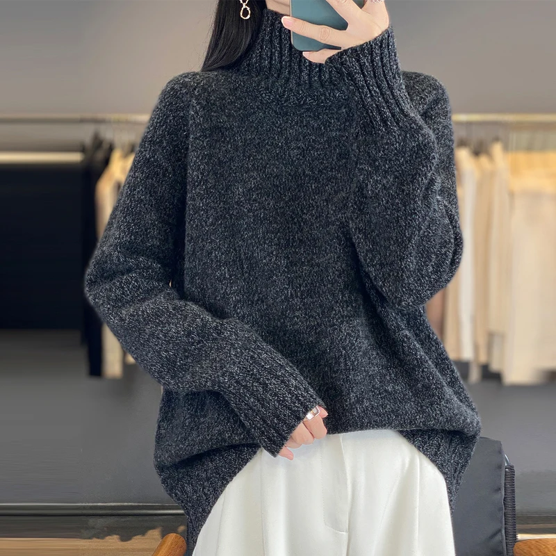 100% كنزة صوف خالص وهمية اثنين من القمصان النسائية الخريف والشتاء شبه عالية الرقبة محبوك قاع