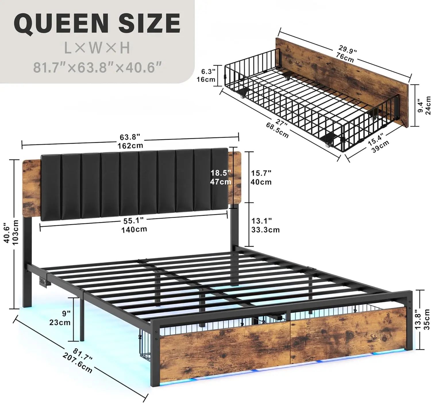 Cama com Cabeceira Removível de Couro PU, Estação de Carregamento e Gaveta, Sem Box Spring Necessário, Cama Queen Plataforma