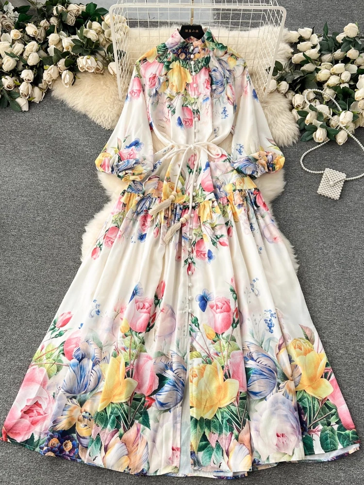 French Vintage Oil Paint Long Dress Women Stand Collar Long Lantern Sleeve Floral Dresses Ladies Elegant Spring Autumn Long Robe