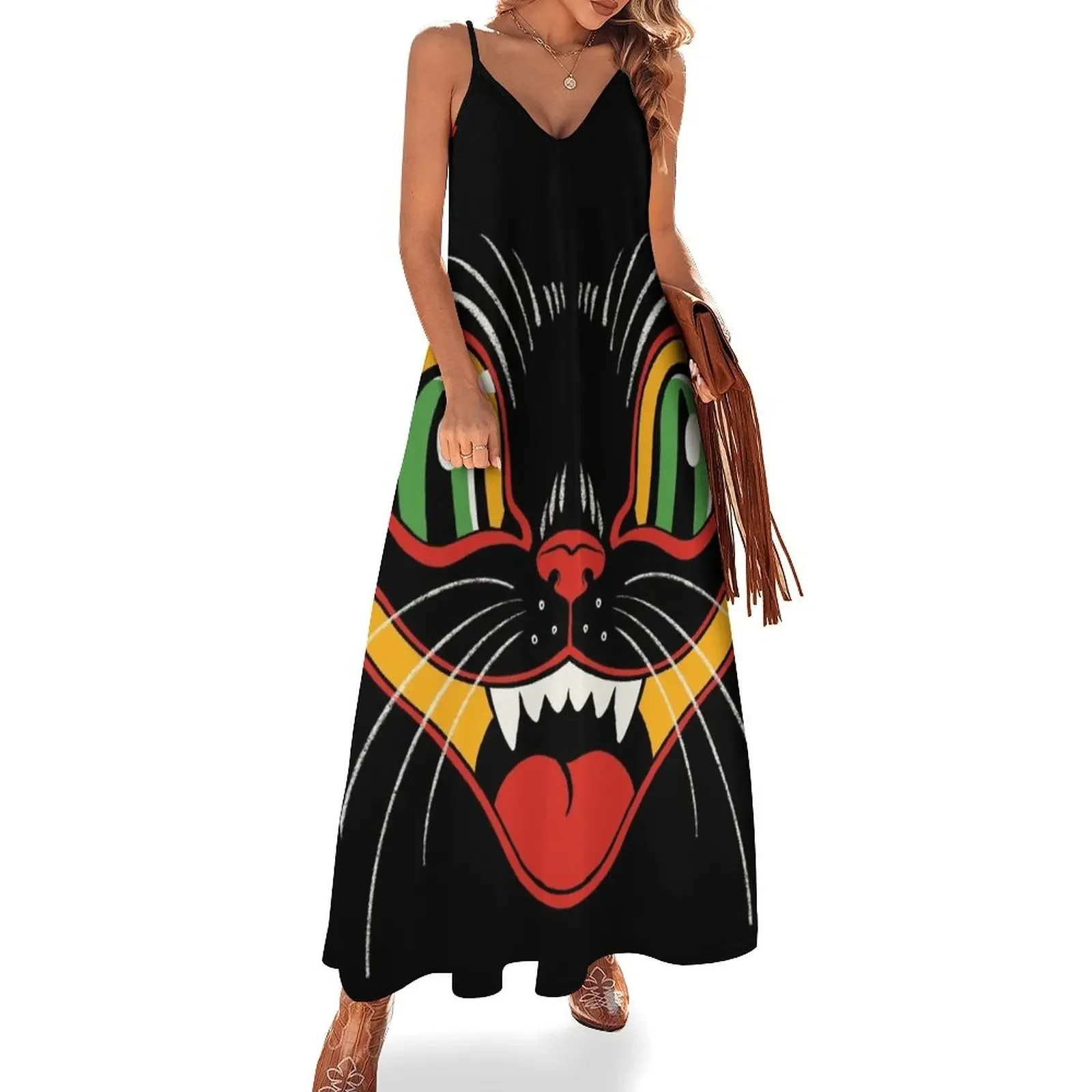 Retro Vintage Halloween Decor Black Cat Face Sleeveless Dress Dress women