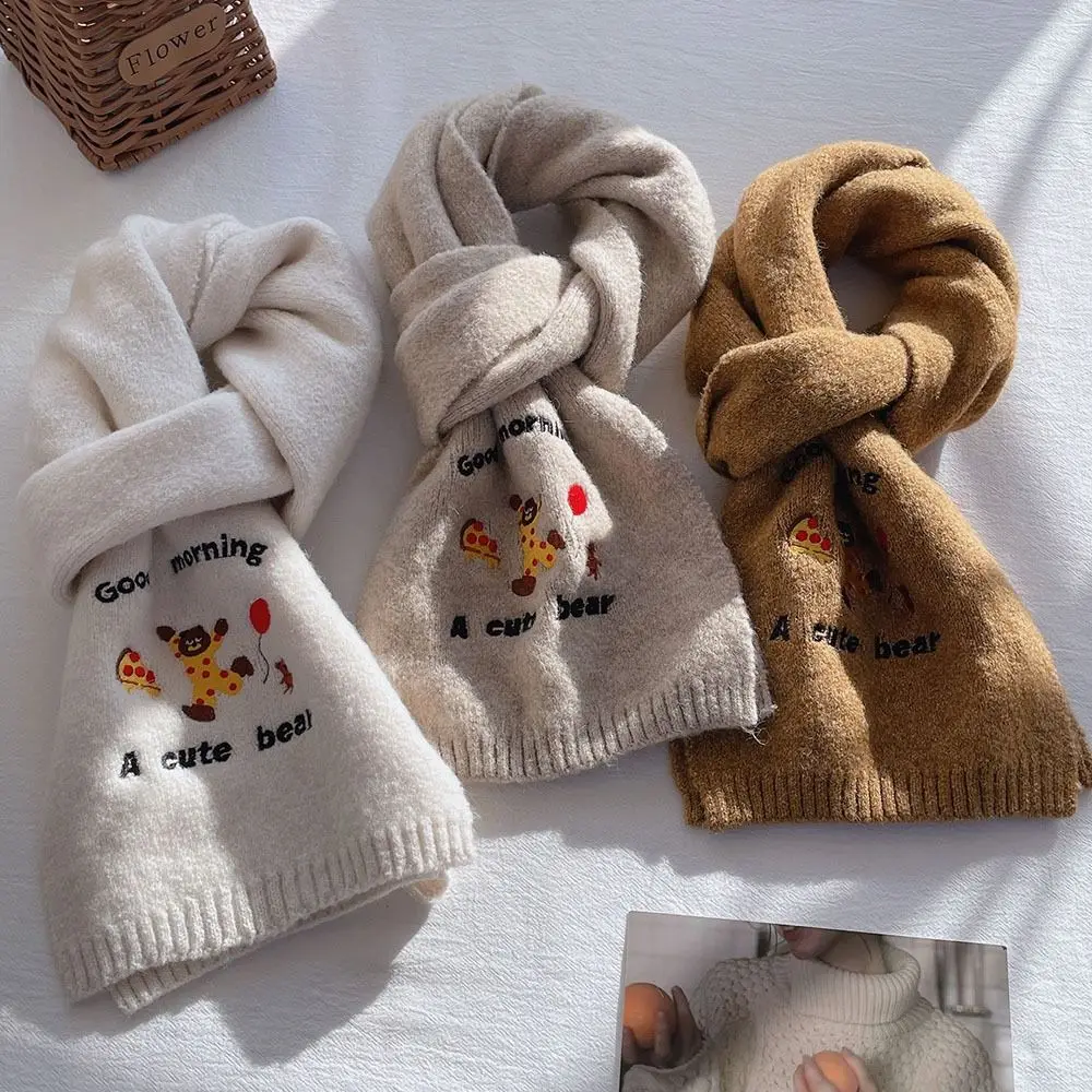 Simple Letter Wool Scarf Embroidered Bear Cashmere Knitted Scarves Warm Cute Embroidery Little Bear Shawl Girl