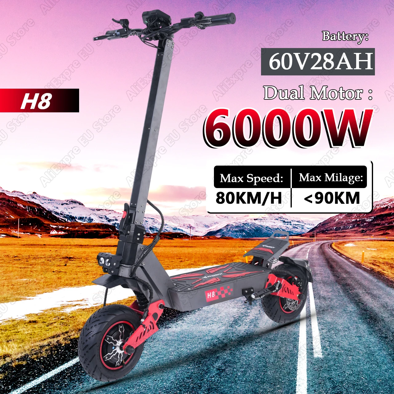سكوتر Lightning Knight H8 6000W، 50MPH 49/56 Miles 60V 28Ah سكوتر كهربائي للبالغين، 11 بوصة سكوتر إلكتروني مزدوج التعليق