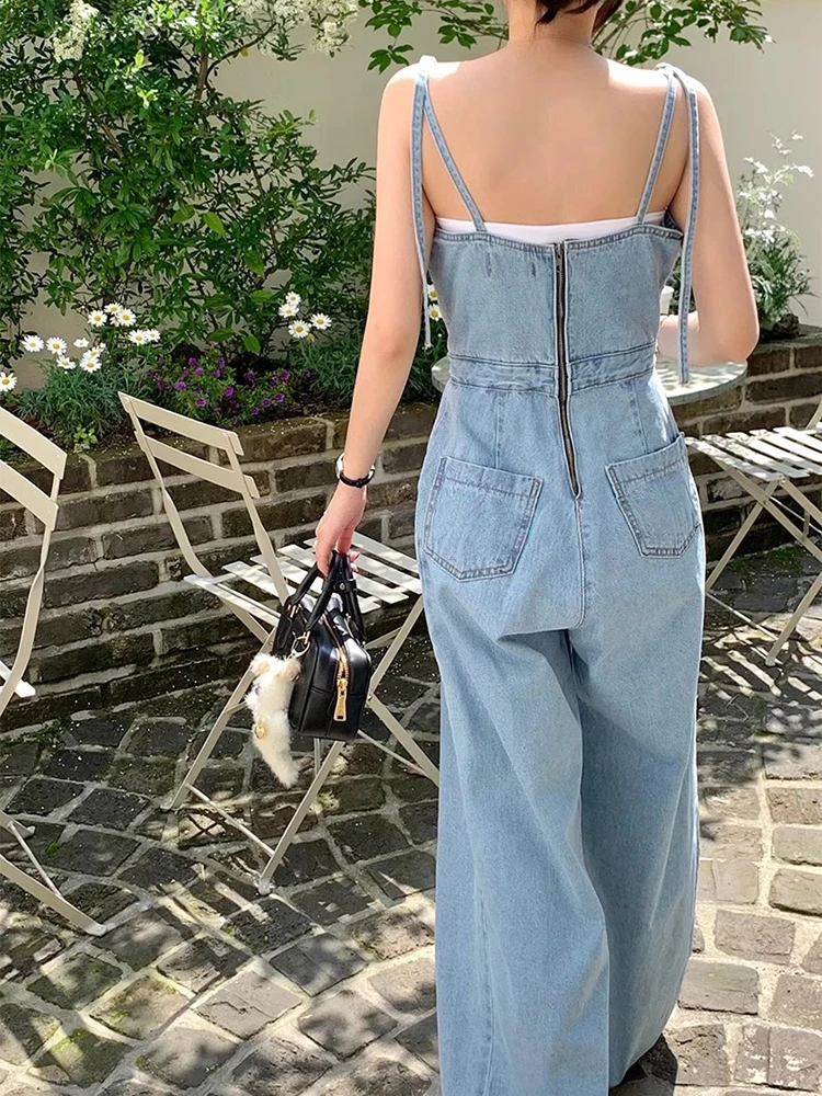 Retro Spaghetti Straps Wrapped Chest High Waist Denim Jumpsuit 2023 Summer Casual Strap Wide Leg Pants Rompers Women Jumpsuits