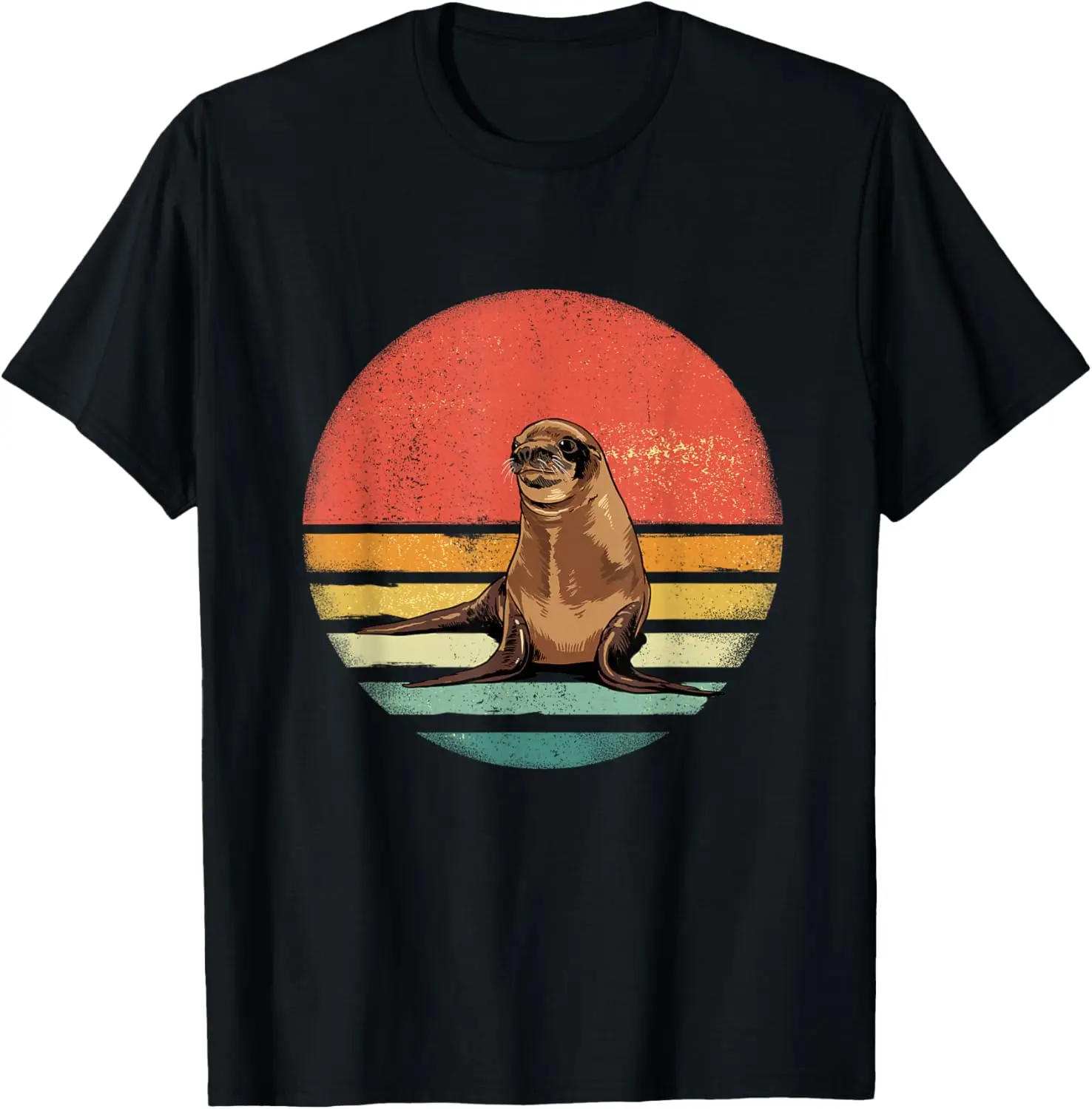

Sea Lion Retro Vintage Sunset Distressed Graphic Tee Soft Cotton Short Sleeve Shirt for Men