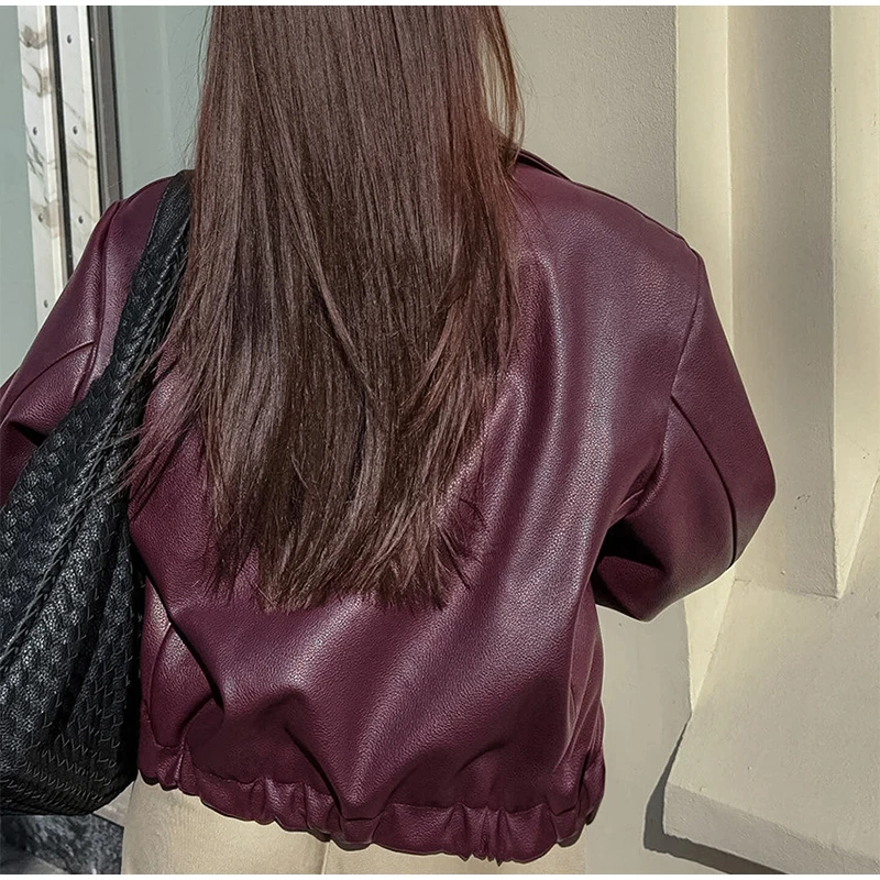 Fashion Turn Down Collar Faux Leather Jacket Women's Elastic Hem Short Long Sleeved Zipper Jackets Motorcycle Style Warm Fall