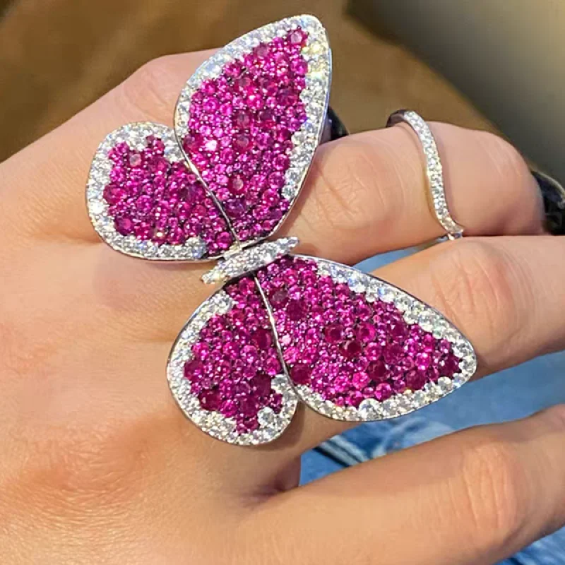 KQDANCE Wing Can Move Real 925 Sterling Silver Luxury Green Blue Pink Butterfly Cocktail Rings Woman Luxury Party Fine Jewelry - view 2