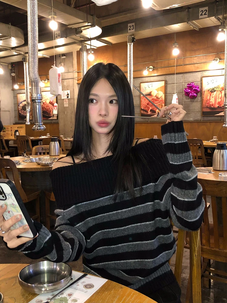 

Lumoder женский вязаный свитер Long Sve в полоску на одно плечо, осень-зима, Thiened, повседневный топ высокого качества