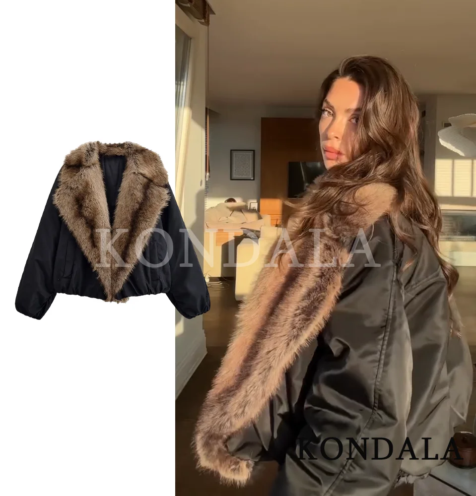 

KONDALA Fall Winter Bomber Jacket Faux Fur Lapel Loose Tomboy Jacket Women 2025 Fashion Streetwear Cool Ladies Pilot Jacket