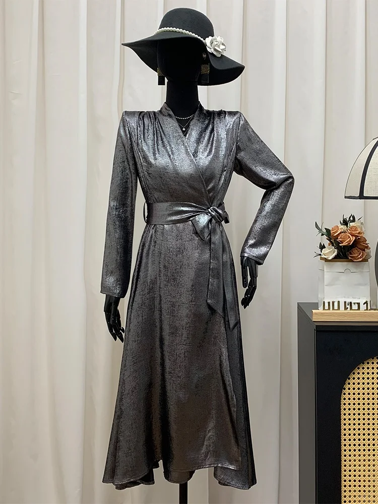 

Платье Pinno 2025: Весенне-осеннее длинное серебристое платье в винтажном стиле, А-силуэт, макси-юбка, элегантное женское модное платье