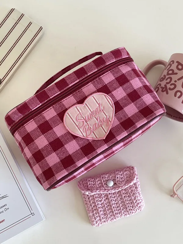 Letter Embroidery Women's Portable Storage Bag Korean Version Ins Style Versatile Plaid Cosmetic Bags Sweet Makeup Case