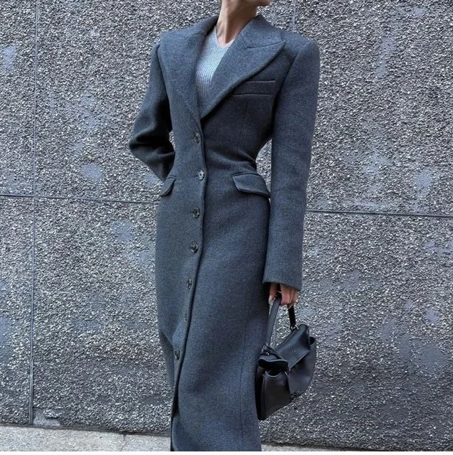 

2025 Spring Wool Blazer with Elegant Collar and High Waist - Long Style Wool Coat