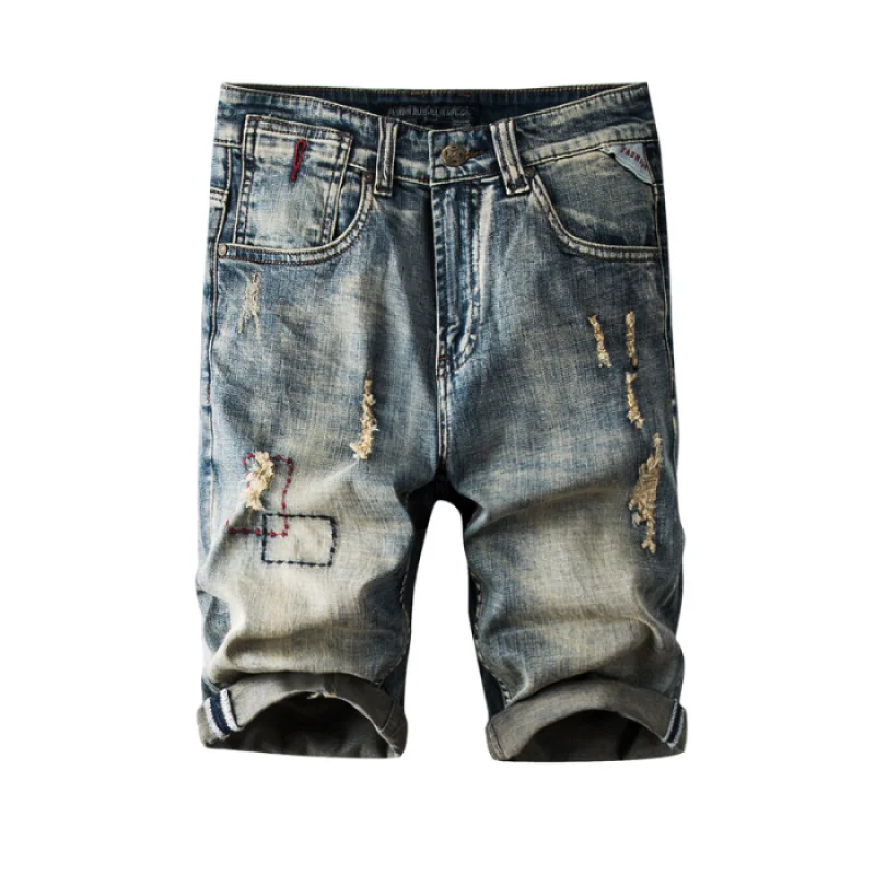 

Summer Street Denim Shorts Men's Retro Distressed Heavy Washed High-End Slim Straight Scratch Design Shorts