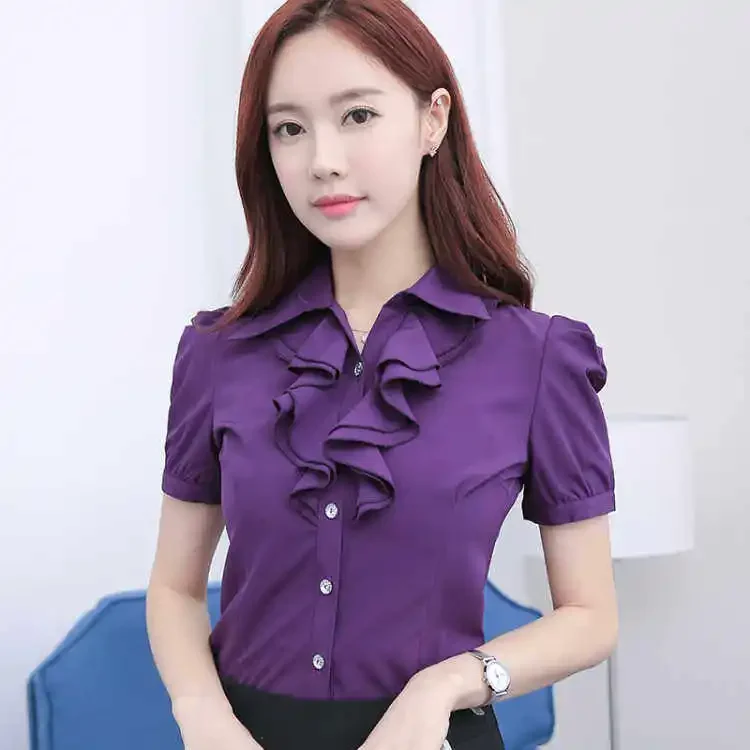 Purple Shirt Women Korean Style Fashion Office Blouse Summer Short Sleeve Slim Tops New