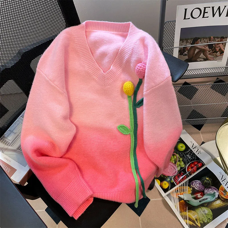 

Tie-dye Thicken Sweater Autumn Winter 2022 Gradient Tulip Flower Design beautiful clothing V-Neck Pullover Knitwear Tops
