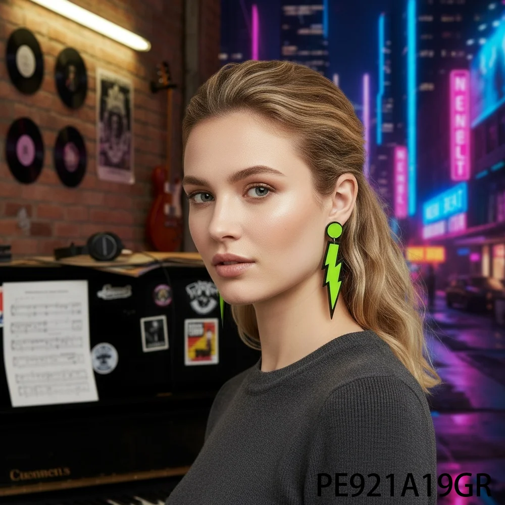PESENAR 80년대 네온 그린 번개 모양 귀걸이 - 레트로 펑크 스타일 주얼리 롤플레잉 및 코스프레에 적합