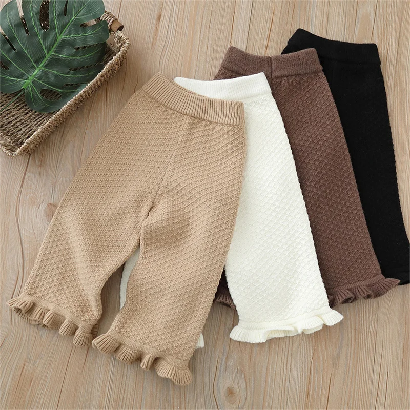 Winter Girls Knit Pants Kids Wide Leg Woolen Trousers Children Warm Cozy Loose Clothing New Toddler Autumn Casual Pants 2-6Y