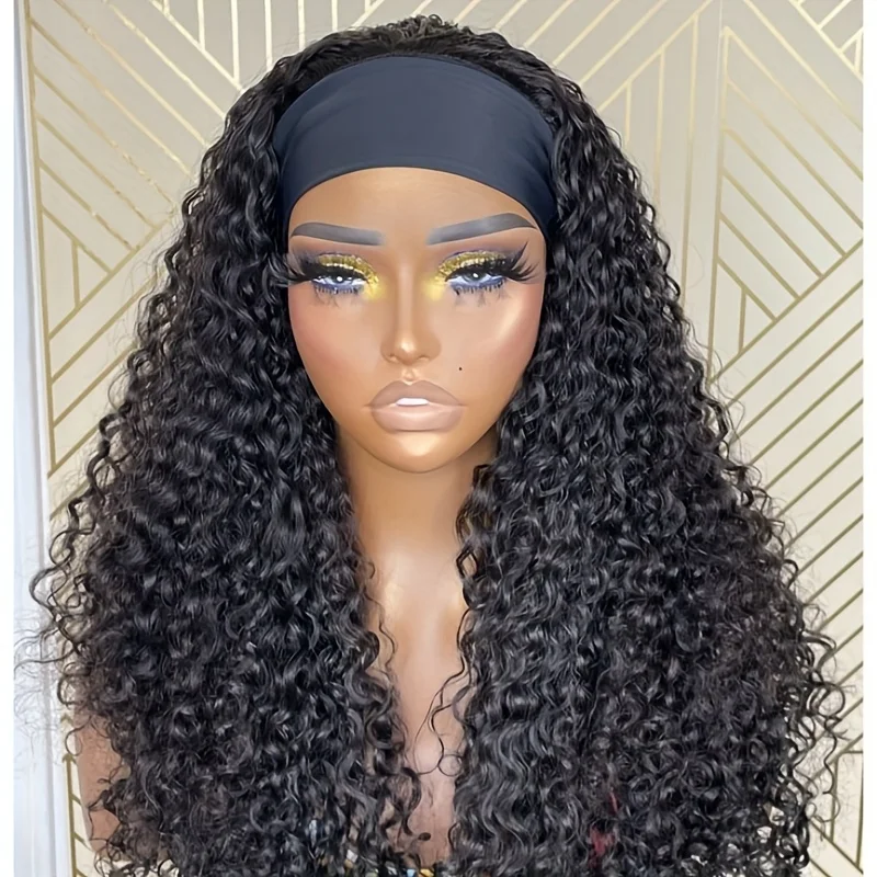 Frizira Curly Headband Wig Long Curly Headband Wigs for Women 200% Density Glueless None Lace Front Deep Wave Wigs Wear and Go