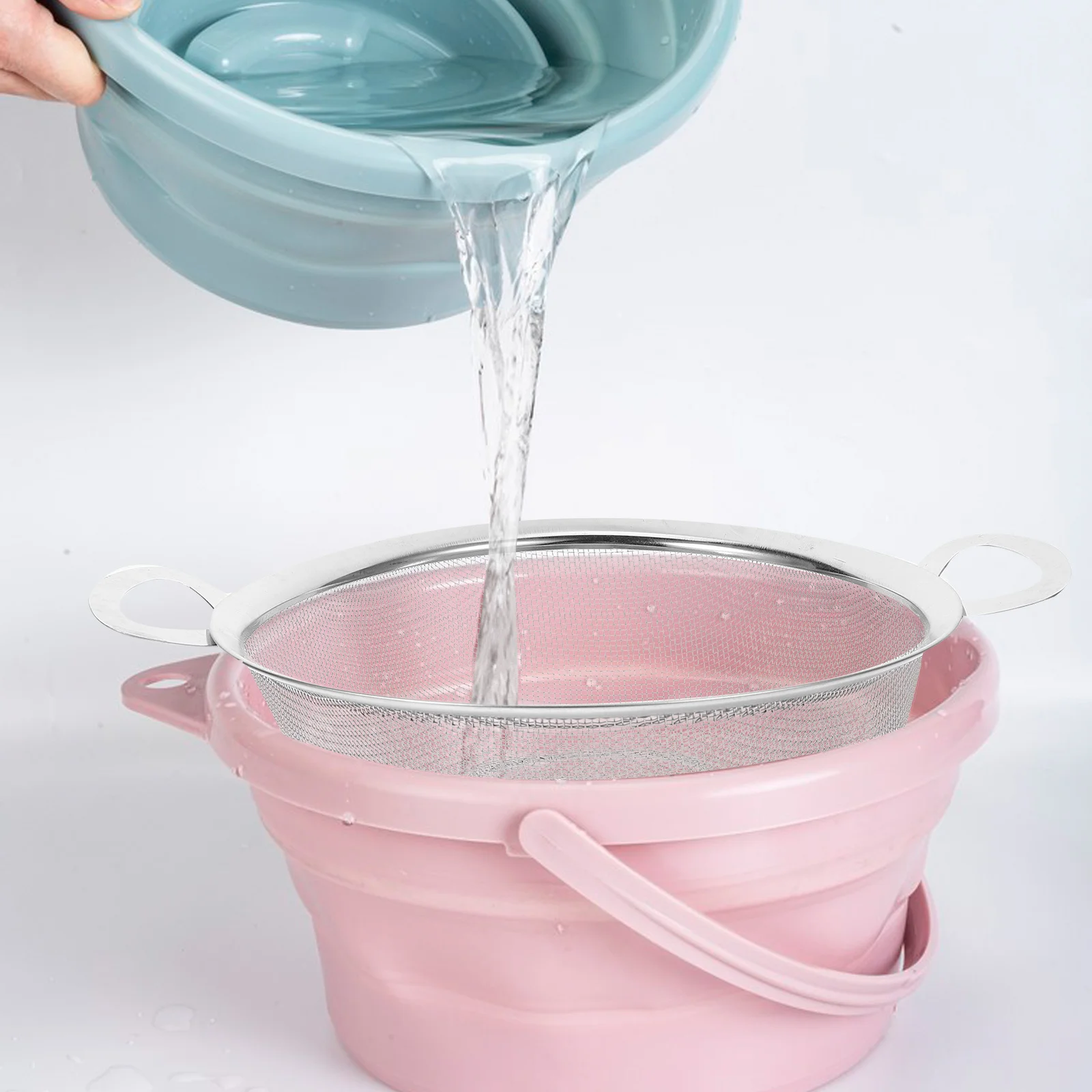 

1pc Double Handle Stainless Steel Drain Basket Fine Mesh For Rice Washing Vegetables Fruits Kitchen Colander Strainer Bowl