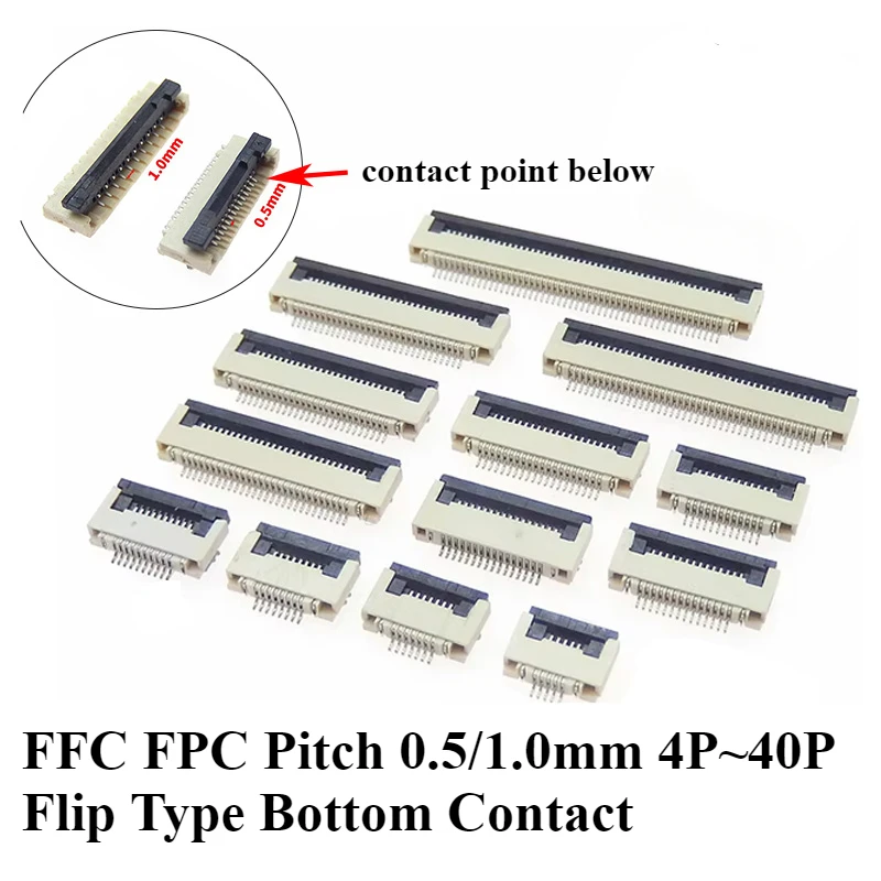 10/30/50/100Pcs FFC FPC connector 0.5/1.0mm 4/6/8/10/12/14/16/20/24/30/32/40 Pin Flip Type Ribbon Flat Connector Bottom Contact
