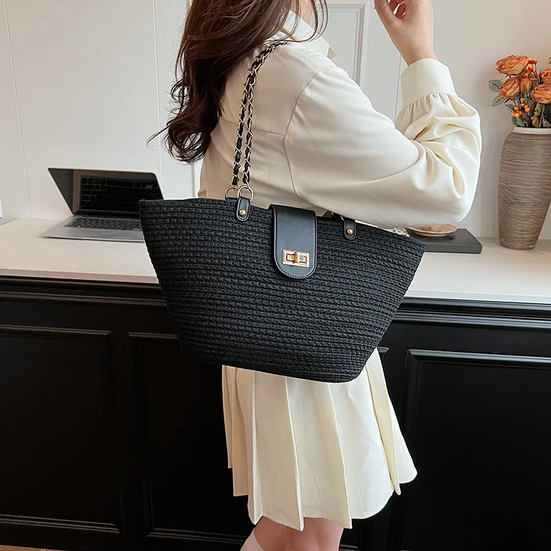 WBS 2024 New Fashion Large Capacity Commuter Bags  for Women Linen Shoulder Bag Summer Seaside Beach Woven Bag Vacation Handmade