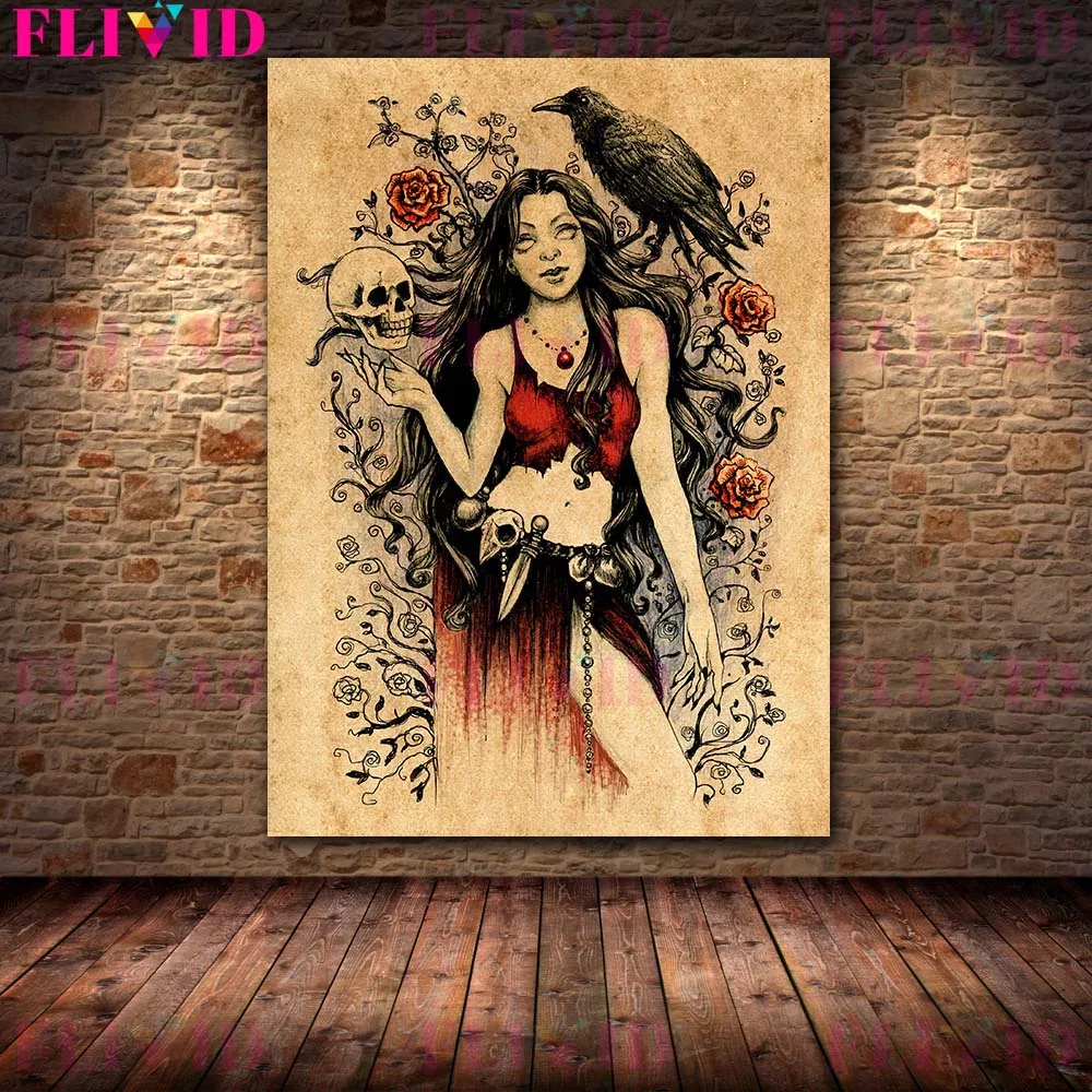Gothic Dark Witch,Ghost,Withered Bones Vintage Wall Art Canvas Painting Moth,Rabbit,Mouse,Crow Witchcraft  Art Poster And Print