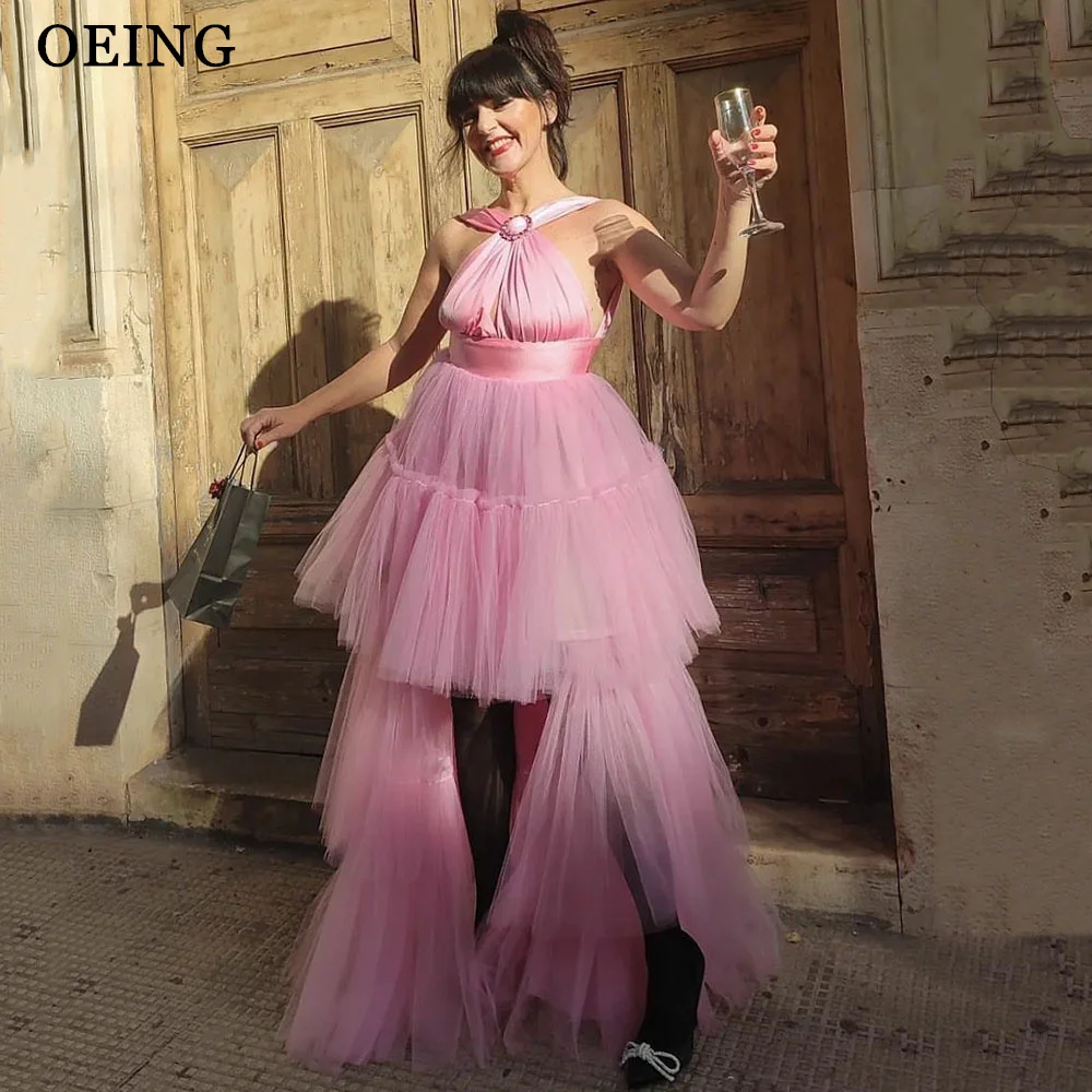 OEING Princess Pink Prom Dresses Fairy Short Front Long Back Tulle Tiered Suspender Sleeveless Evening Gown Formal Party Dress