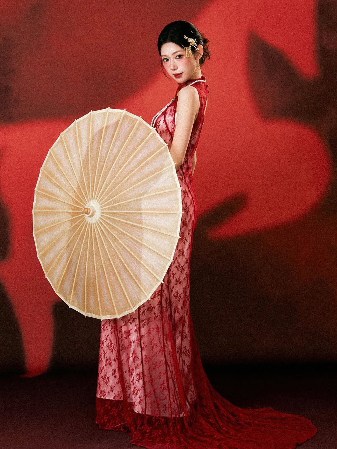 

Элегантное красное китайское кружевное платье для фотосессий в студии, новогоднее женское модное высококачественное портретное платье