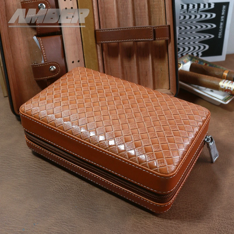 Cigar Case 4- cigars tubes Leather  Travel Portable Humidor with Cedar Wood Lined with Stainless Steel Cigars Cutter