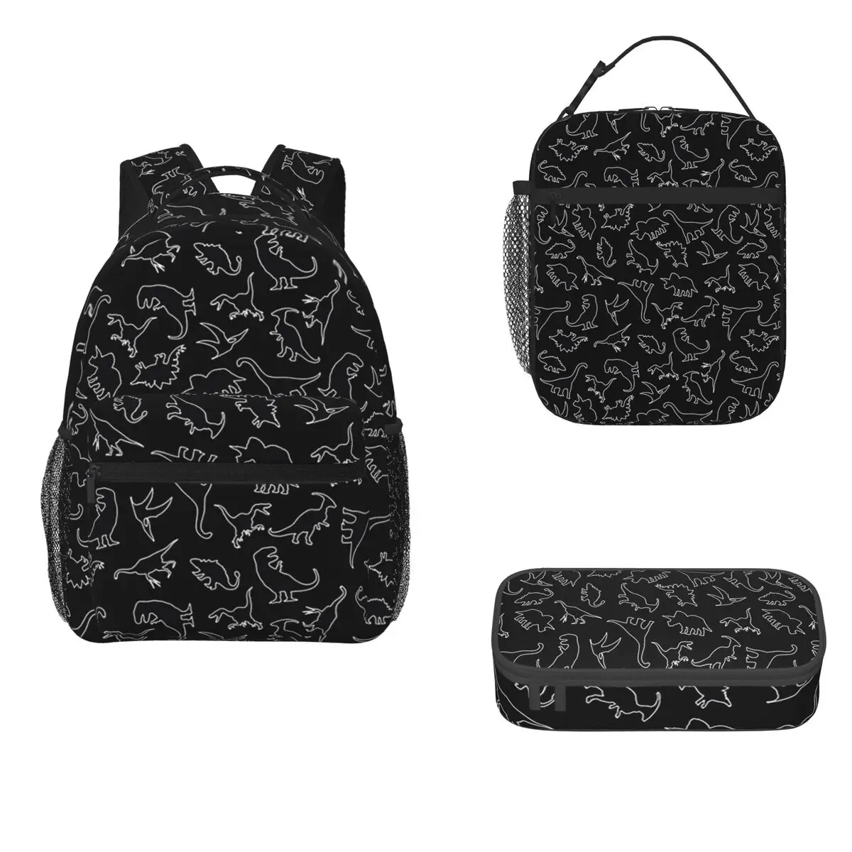 Dinosaur Pattern Outline Backpacks Boys Girls Bookbag Children School Bags Cartoon Rucksack Lunch Bag Pen Bag Three-Piece Set