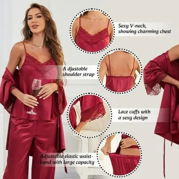 Women's Silk Satin Pajama Set 3-Piece with Robe, Sexy V-Neck Lace Cami Top and Long Pants, Luxury Soft Sleepwear, casual loungewear, elastic waist pj set, gifts for her Wine Red/Black/Pink/White/Champagne S-XL, Spaghetti, Polyester tiktokshopspringglowup,