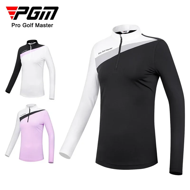 PGM Golf Clothing Women's Long Sleeve Color Blocked Design Simple and Fashionable Sports Stand Up Collar T-shirt